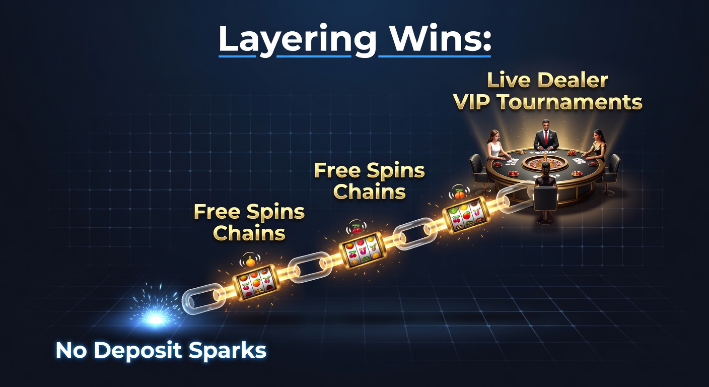 Grafik zeigt eine Kette von No-Deposit-Boni, die zu Free Spins und VIP-Turnieren führt, mit glühenden Funken und aufsteigenden Gewinnstufen