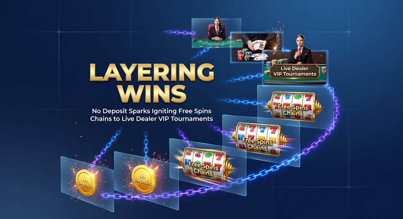 Visuelle Darstellung einer aufsteigenden Gewinnkette von Free Spins zu einem Live-Dealer-VIP-Turnier mit Tischen, Chips und Turnierbannern