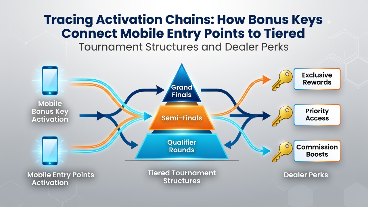Diagramm zeigt die Verbindung von Bonus-Schlüsseln über mobile Plattformen zu Turnierstrukturen